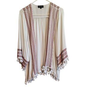 POL Open Tassel Embroidered Lined Cardigan Wide Short Sleeves Large